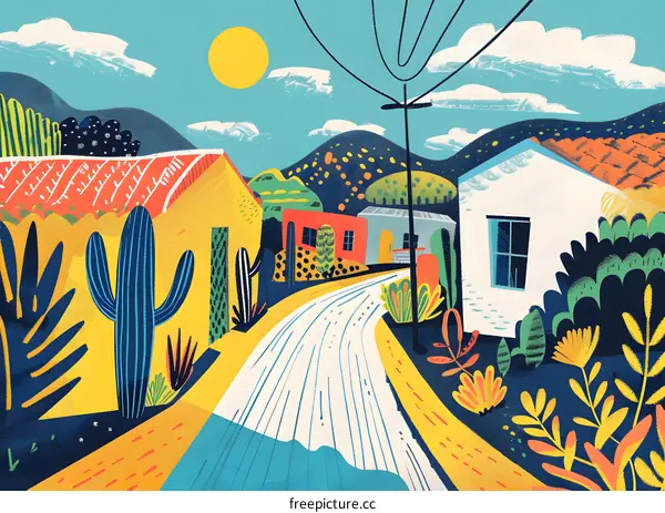 Colorful Illustration of a Road Winding Through a Desert Village