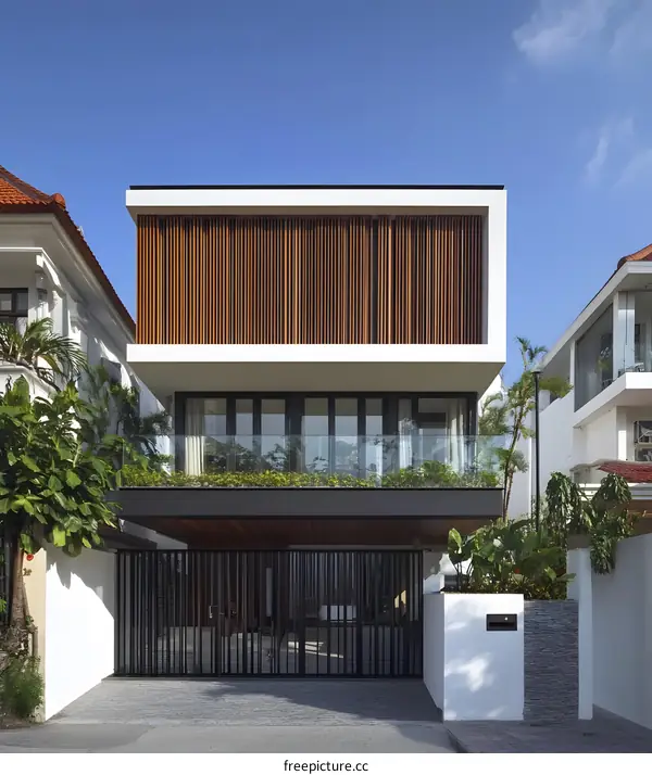 Modern House with Wooden Slat Facade and Balcony