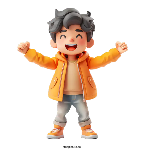 [Transparent Background PNG]Cheerful boy in orange jacket raising arms