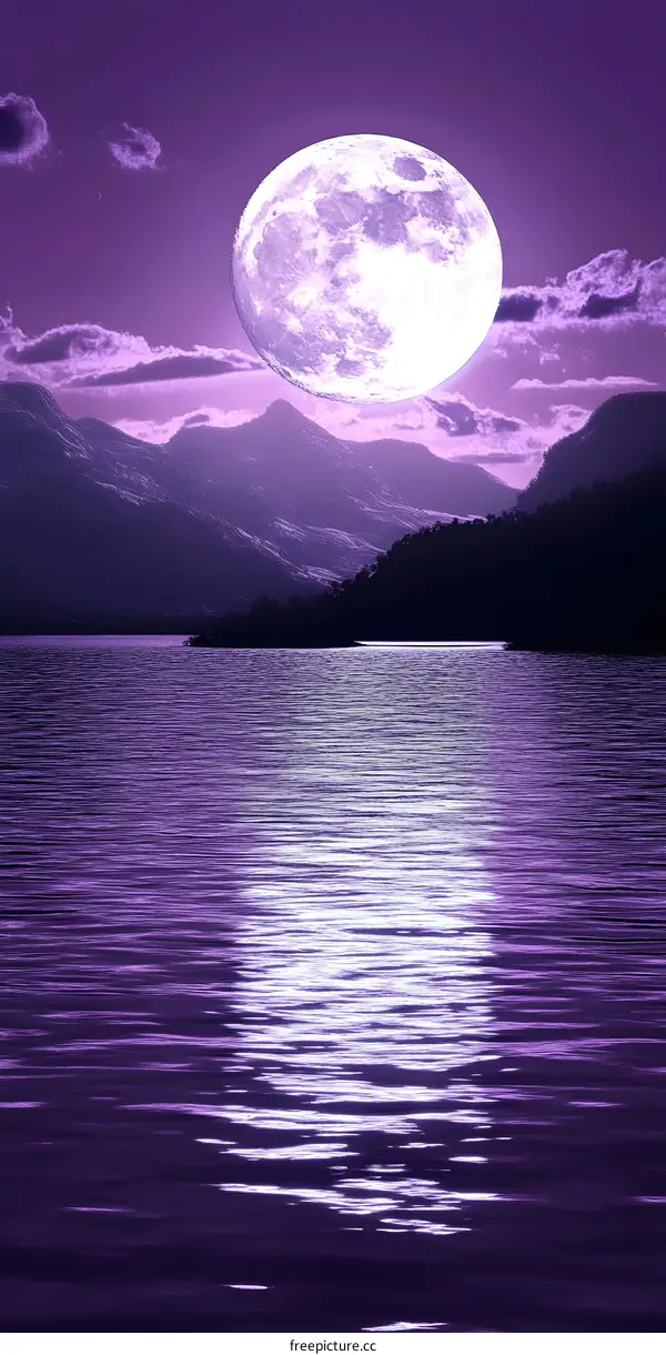 Purple Moon Over Mountains and Lake