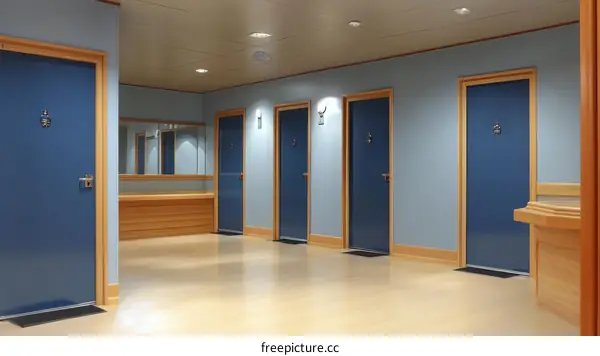 Modern Corridor with Blue Doors and Light Wood Flooring