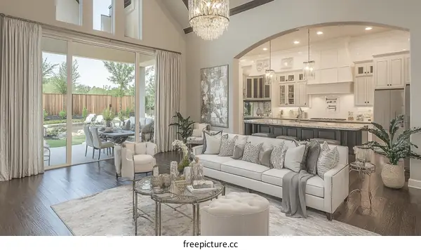 Modern Open-Plan Living Room with Kitchen and Patio