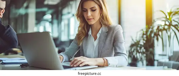 Businesswoman Working on Laptop in Modern Office