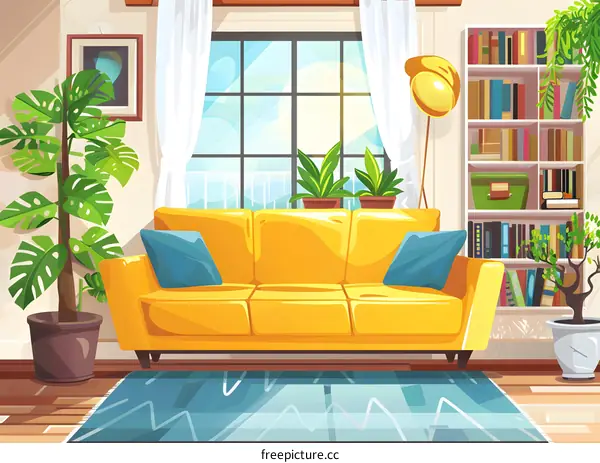 Yellow Sofa in Living Room with Plants and Bookshelf