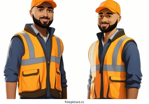 Two construction workers wearing hard hats and reflective vests