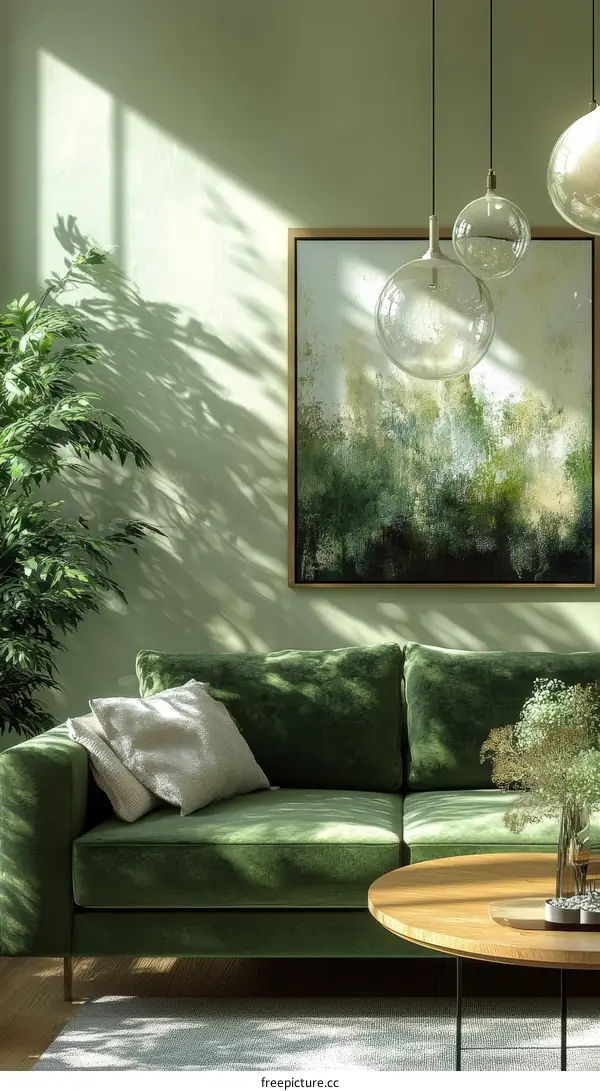 Green Living Room with Artwork and Hanging Lights