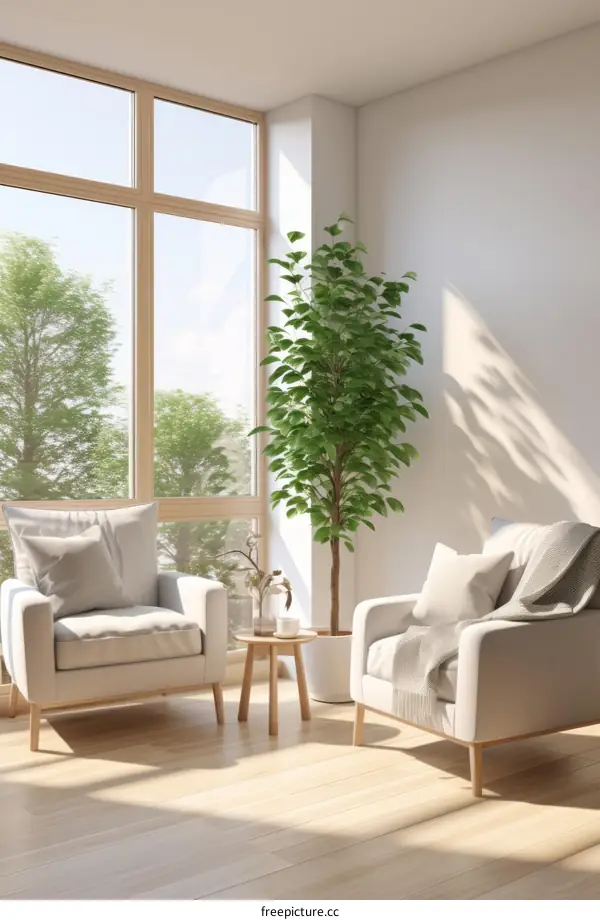 Two white armchairs in a bright living room with a large tree