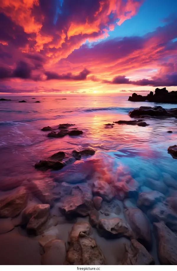 A beautiful sunset over the ocean with a rocky foreground
