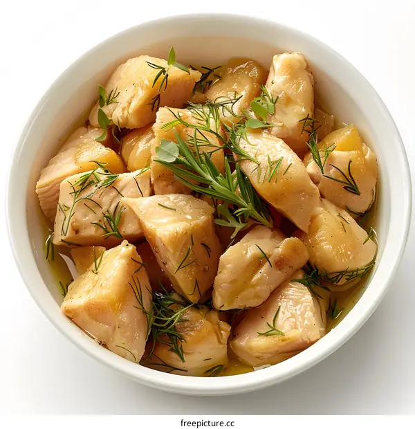 Chicken in white bowl with dill and rosemary