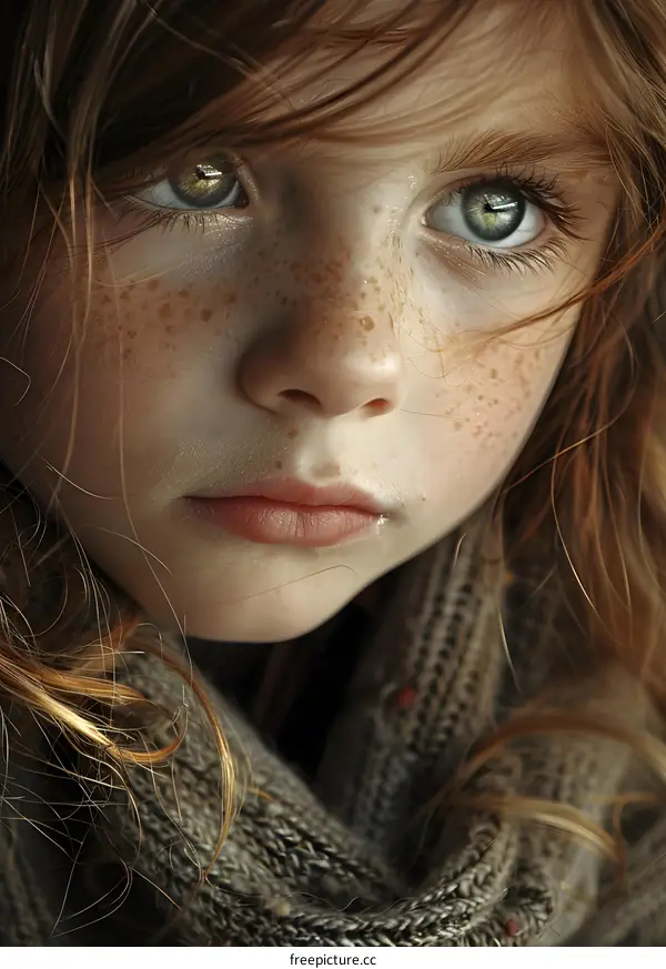 Portrait of a girl with freckles and green eyes
