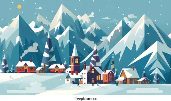Snowy Mountain Village Illustration