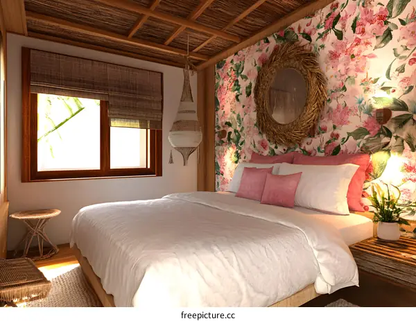 Tropical Bedroom Interior Design With Floral Wall