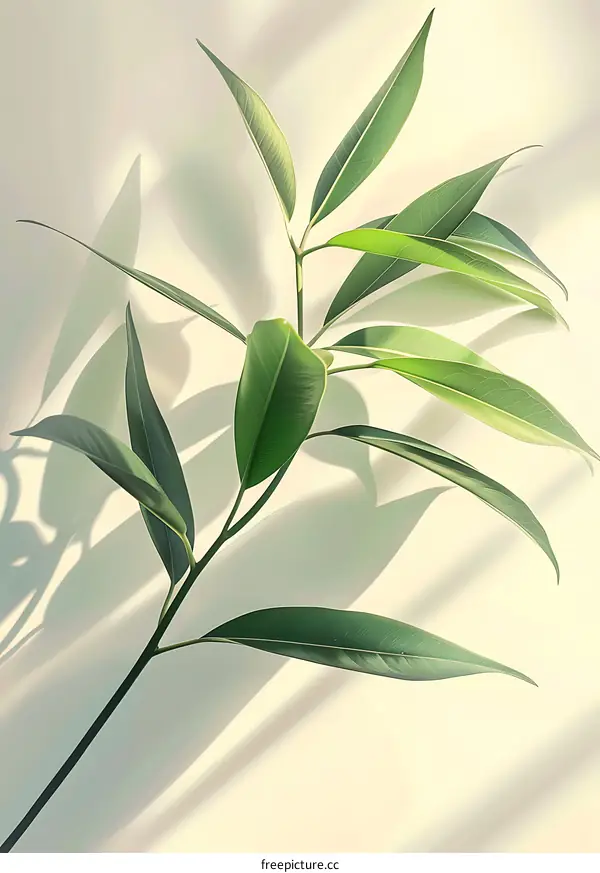 Green Leaves Branch with Light Shadow on Beige Background