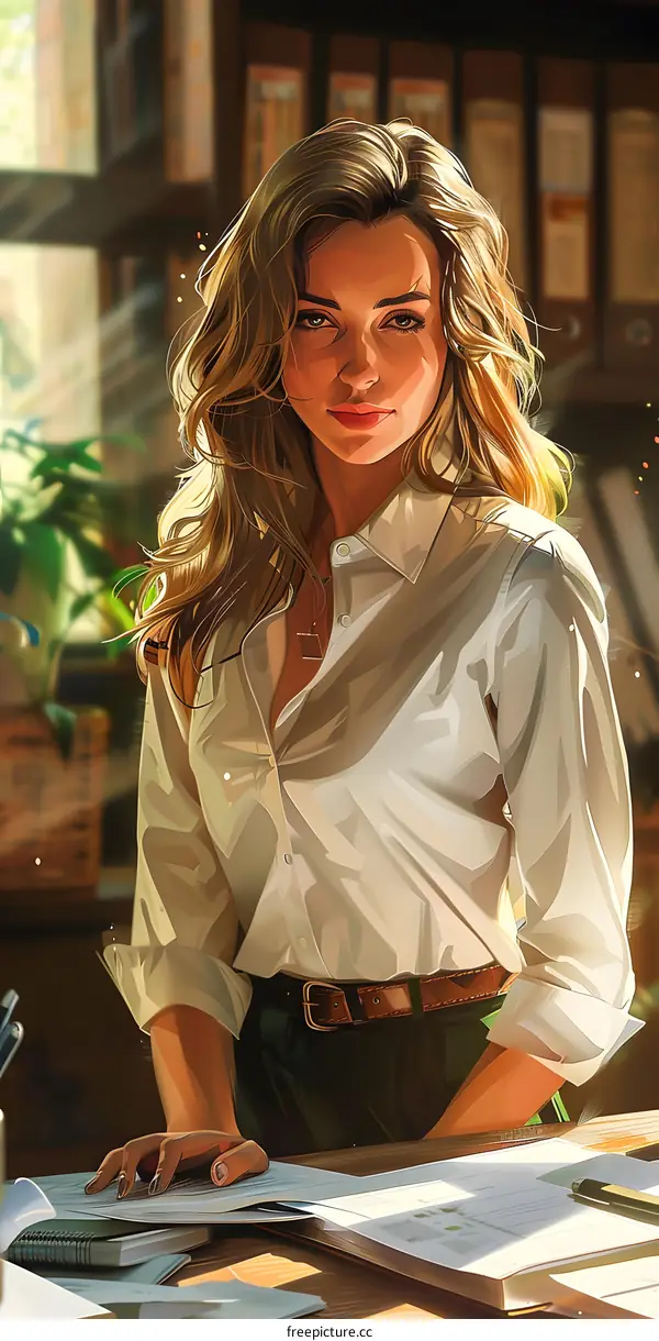 Woman in a White Shirt Leaning on a Desk