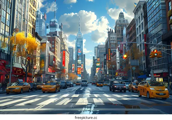 A wide and busy street in New York City with yellow taxis and skyscrapers