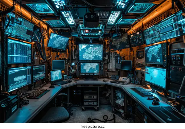High Tech Security Operations Center with Multiple Monitors