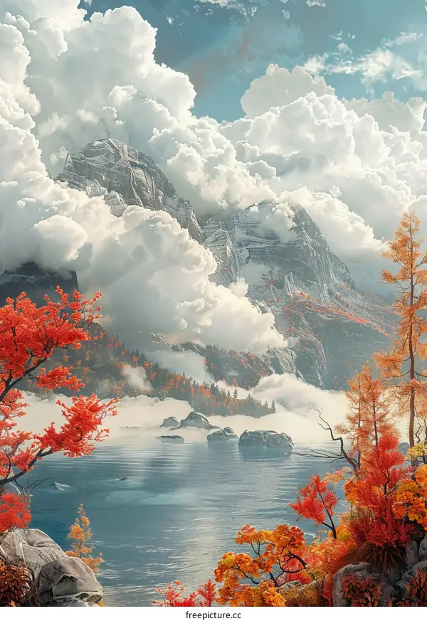 Colorful Autumn Trees and Misty Mountains by the Lake