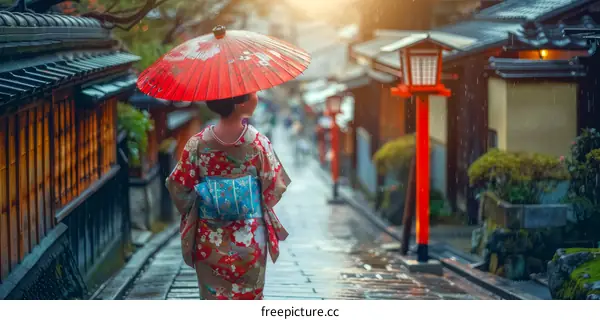 A woman in a kimono walking in a traditional Japanese street