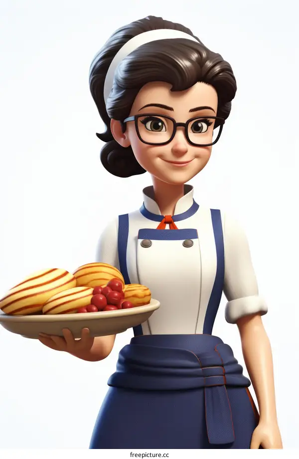 A cartoon image of a female pastry chef holding a plate of pastries