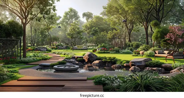 Courtyard with a pond and a wooden walkway in a lush green garden