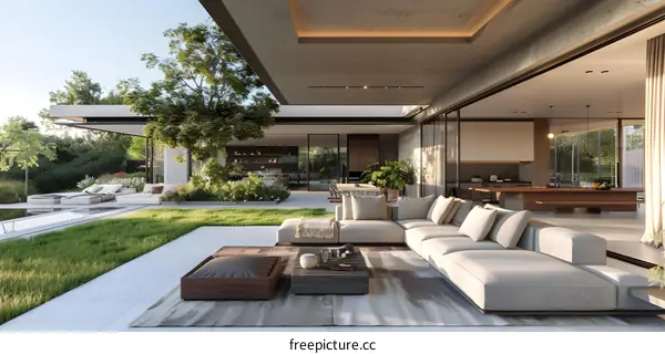 Courtyard house with swimming pool and large glass windows