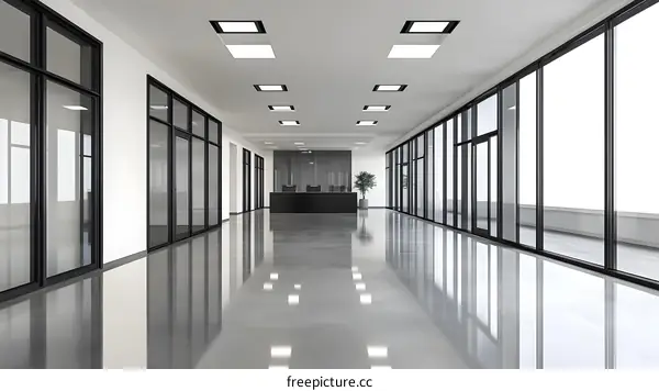 Modern Office Building Interior With Black Desk and Large Windows