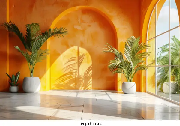 Orange room with arch and plants