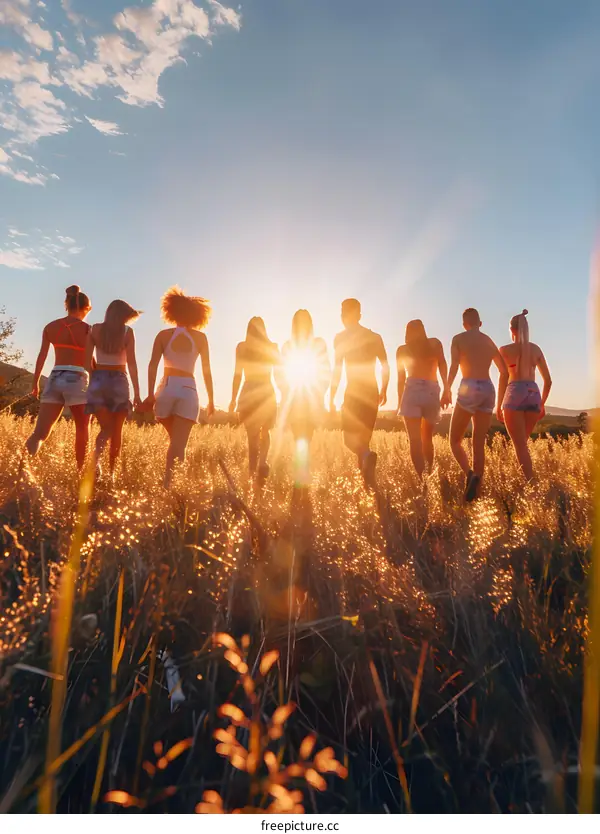 Group of Friends Walking in a Field During Sunset