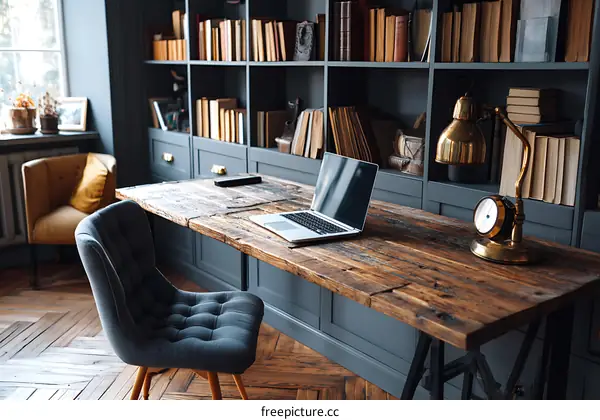 Cozy Home Office with Bookshelf and Wooden Table