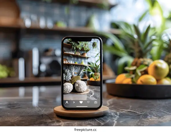 Closeup of a Smartphone Displaying a Photo of Pineapple Plants