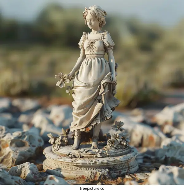 Antique Sculpture of a Young Woman in a Romantic Dress