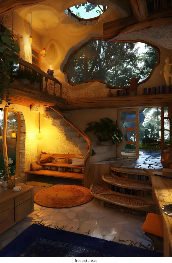 Cozy Treehouse Interior Design with Wooden Stairs and Skylight