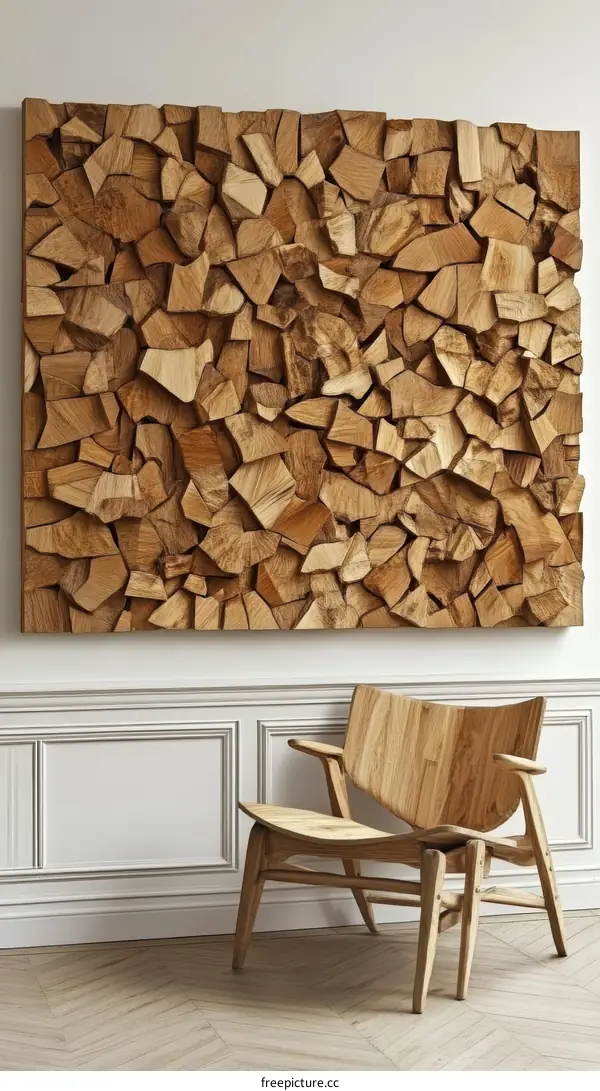 Wooden Wall Art Piece with Modern Chair