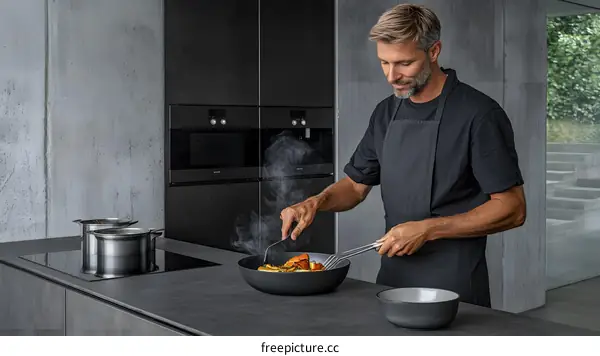 Man Cooking in Modern Kitchen with Steam