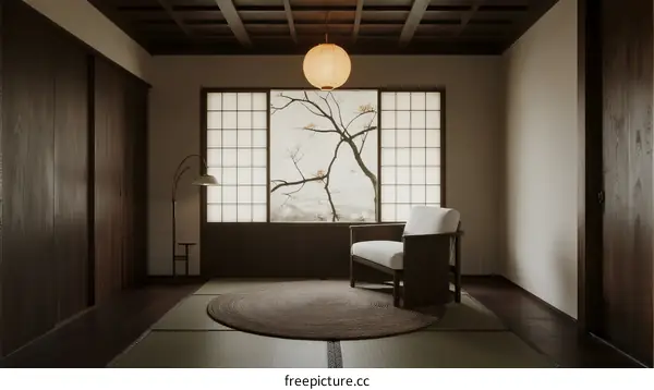 A minimalist Japanese-style room with tatami floor and paper windows
