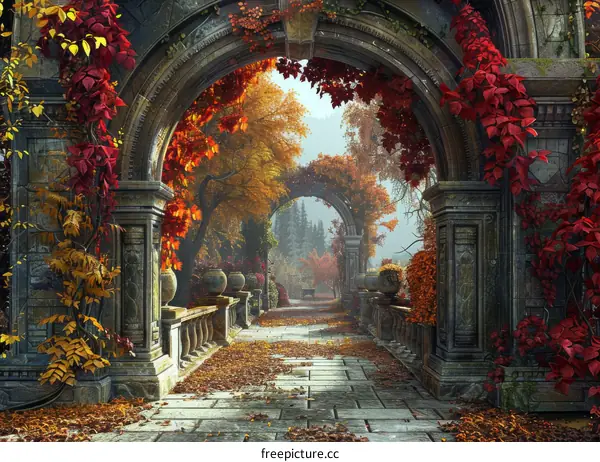 Fantasy Autumn Park with Stone Arch and Colorful Trees