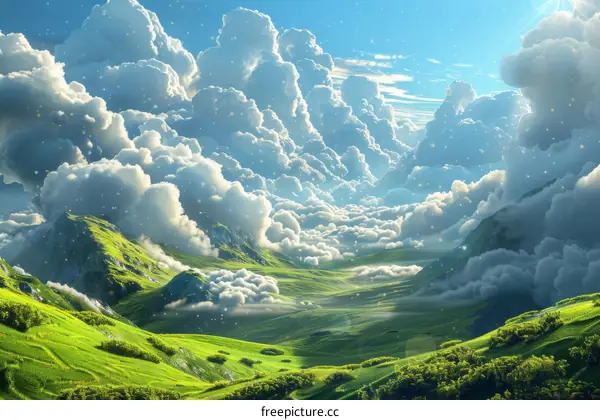 Dreamy Mountain Valley with Fluffy Clouds