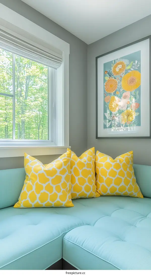 Modern Corner Sofa with Yellow Cushions and Artwork