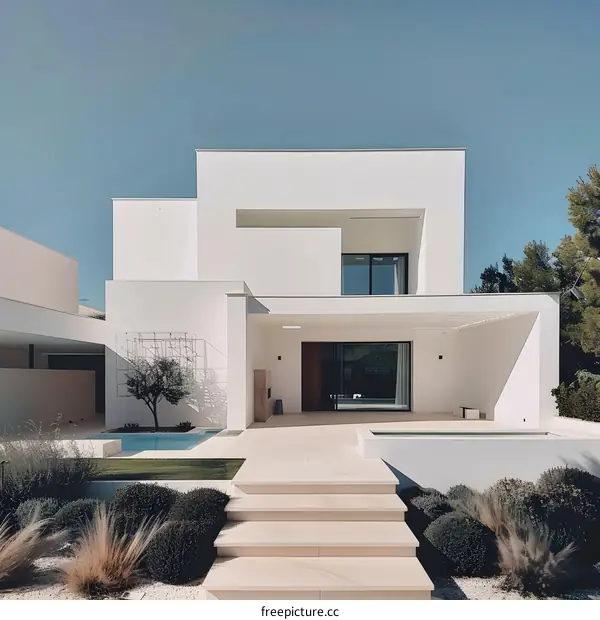 Minimalist Modern White House with Pool and Garden