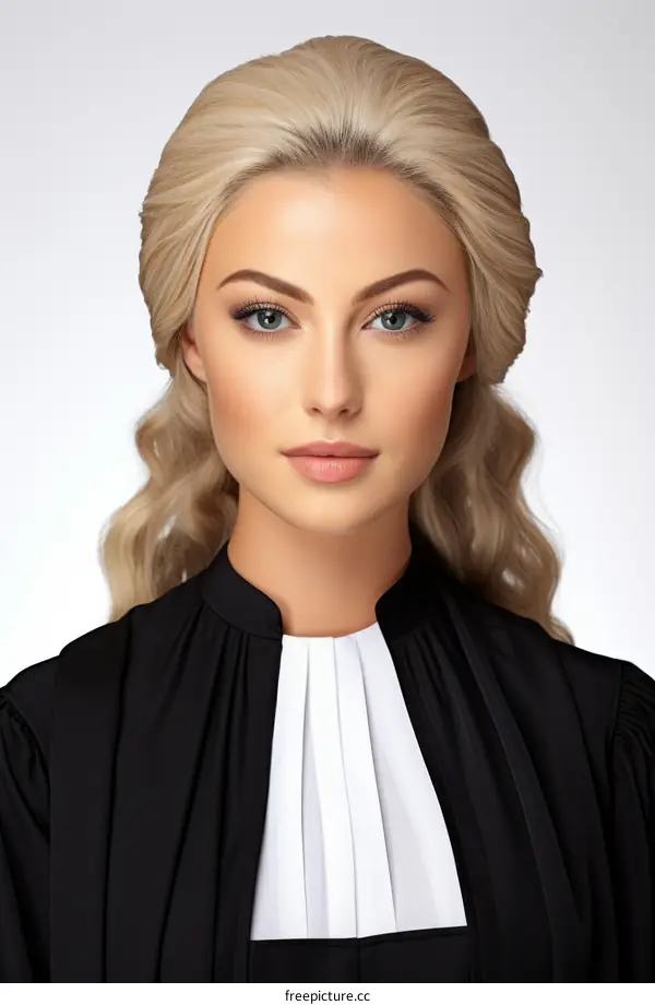 Portrait of a blonde woman in a black suit and white collar