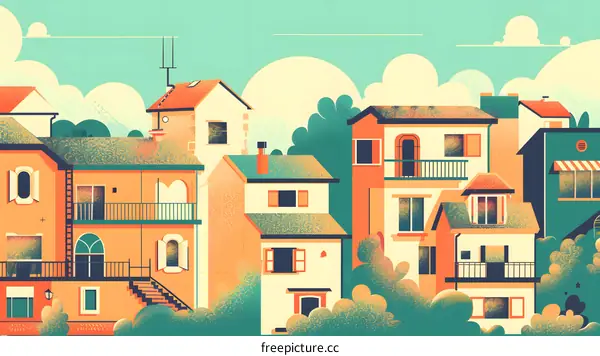 Colorful Illustration Of Houses In A Row With Green Bushes