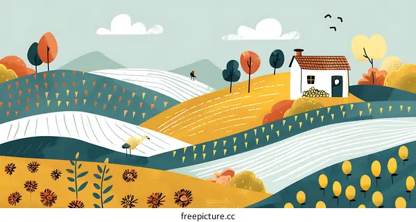 Colorful Illustration Of A House In A Rural Landscape