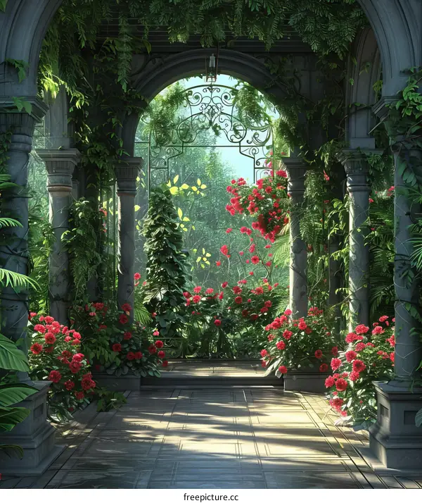 Red Roses Bloom in a Lush Garden Archway