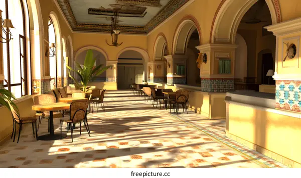 Indoor Restaurant Interior Design With Arched Windows