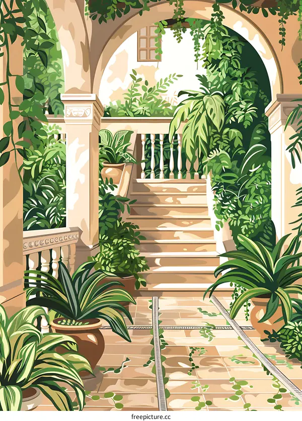 Illustration of a Green and Tranquil Courtyard with Stone Stairs