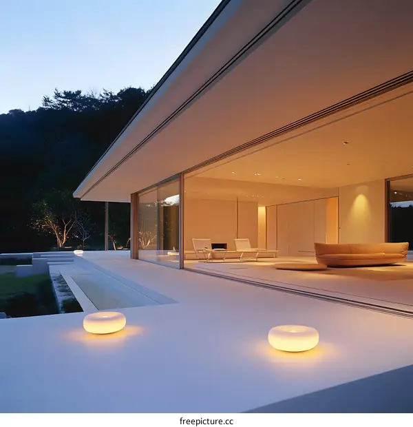 Modern Minimalist House Exterior with Glass Doors and Illuminated Patio