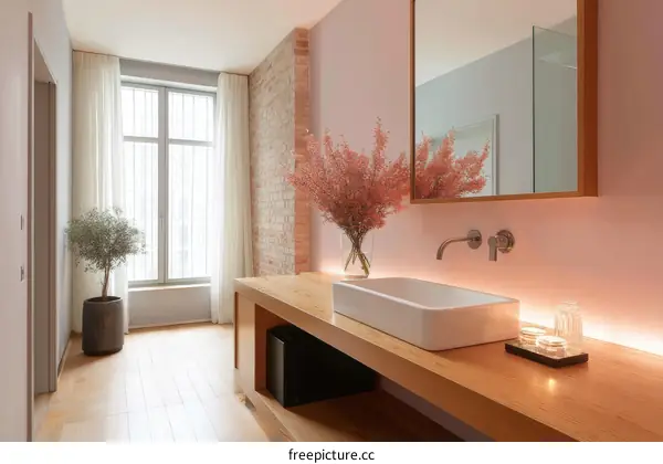 Modern Bathroom with Pink Accents and Natural Light