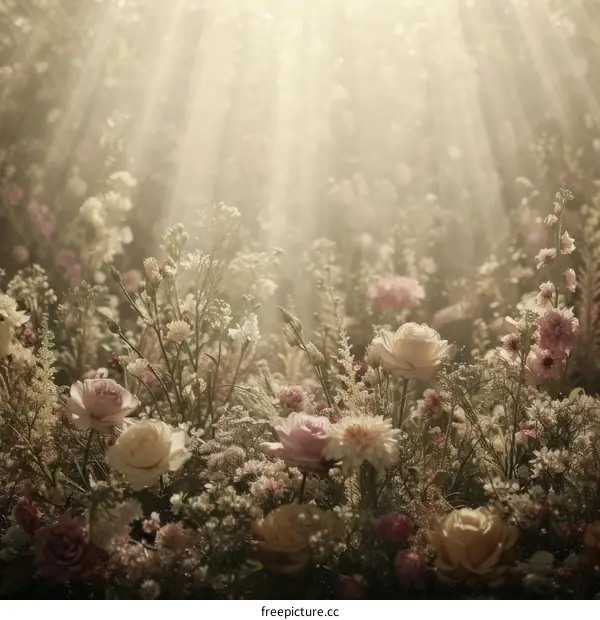 A beautiful flower field with roses, carnations, and other flowers in soft colors with a dreamy atmosphere