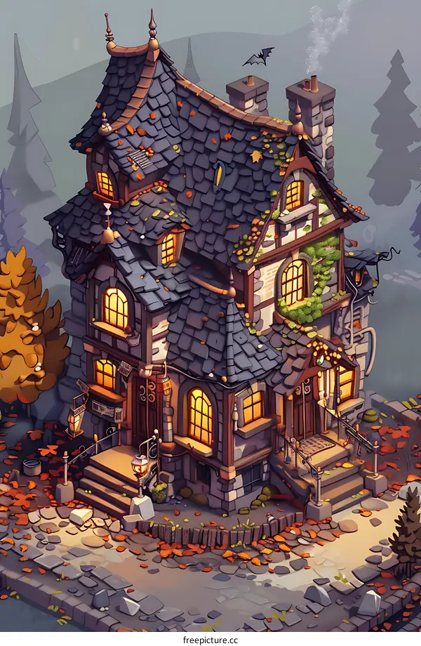 Old Stone House in Autumn Forest
