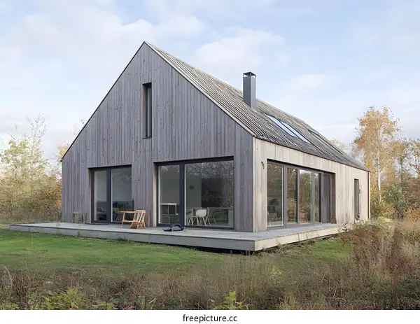 Modern Wooden House with Large Windows and a Deck